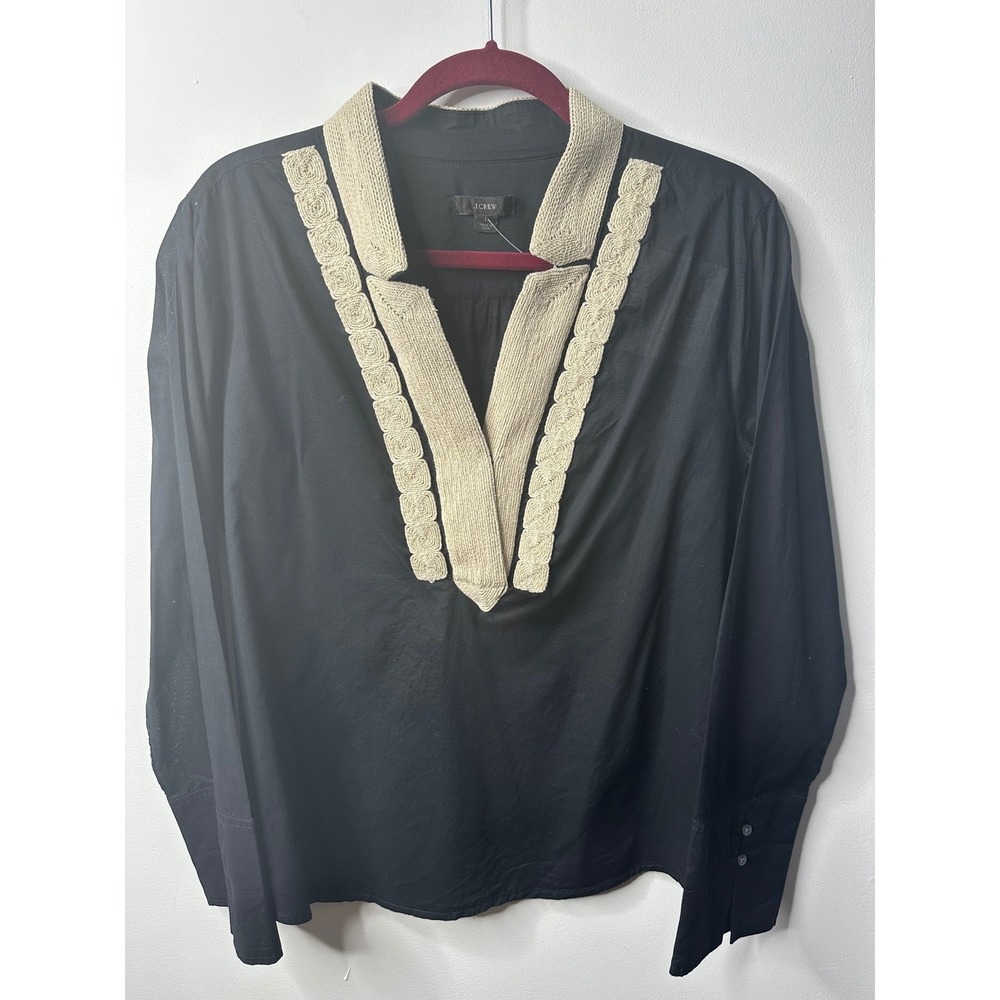 J.Crew Womens Black Cotton Crochet Trim V-Neck Tunic Blouse Top Large